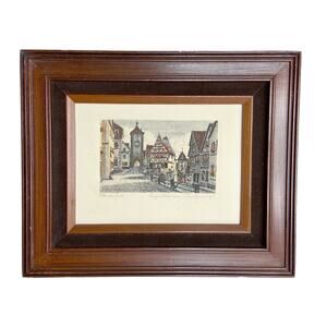 Original Signed GEISSENDORFER Rothenburg Tower Framed Colored Etching